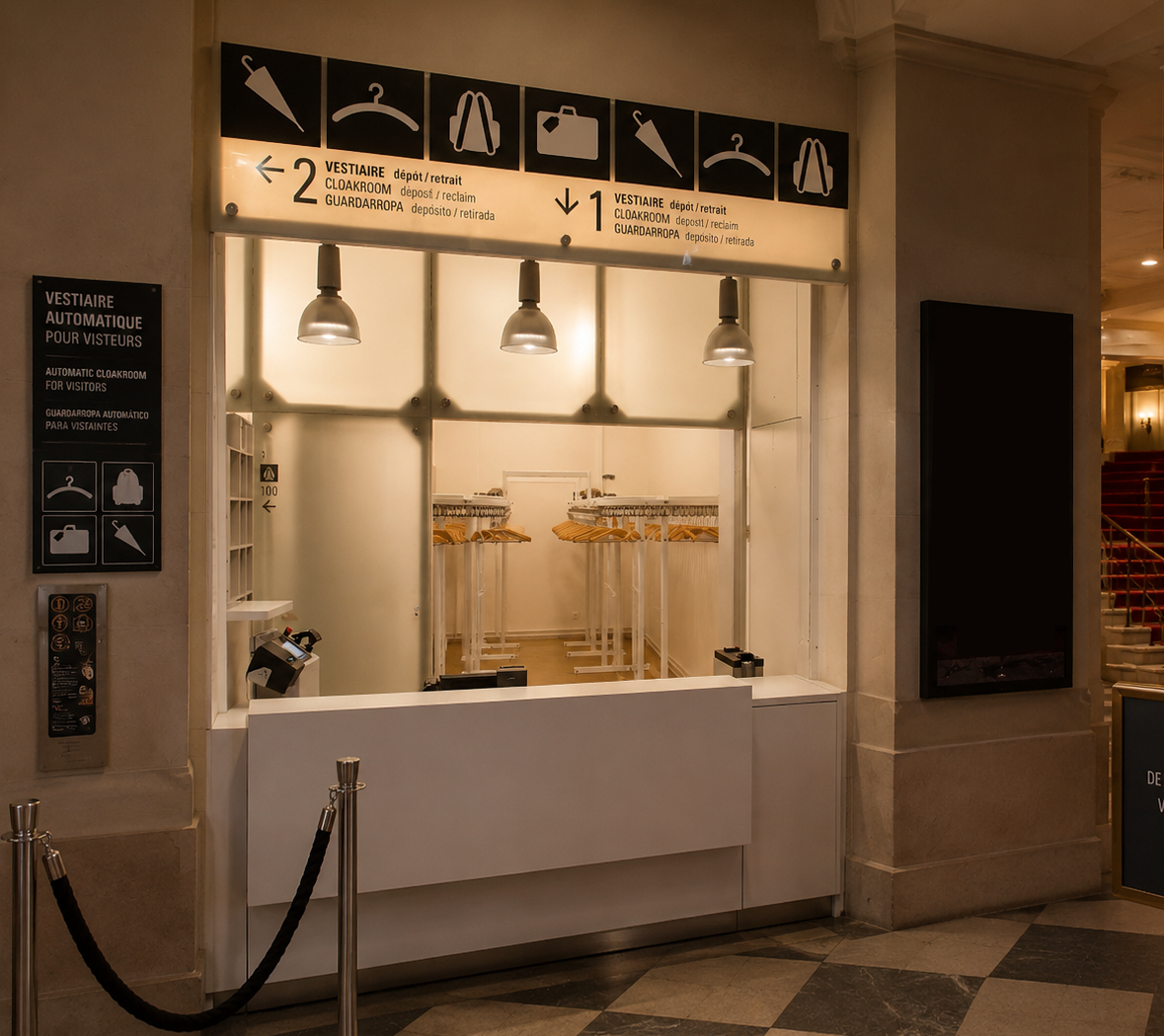 Vestiaire automatique pour visiteurs dans une salle de spectacle — convoyeur compact et ticket code-barres